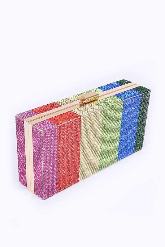 Womens Rainbow Color Shoulder Chain Rhinestone Pave Box Clutch Zarnesh