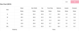 Size chart for pants with measurements in inches and centimeters