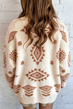 Back view of person in cream fuzzy knit sweater with brown geometric pattern.