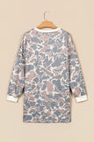 Beige camo print mini dress on a hanger, back view