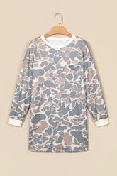 Beige camo print mini dress with white ribbed trim on a hanger, front view
