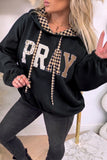 Black PRAY letter graphic hoodie with plaid hood lining and drawstrings, front