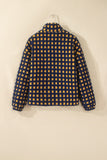 Navy and mustard check sherpa fleece jacket on a hanger, back view