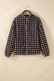 Navy and mustard check sherpa zip up jacket with stand collar on a hanger, front view