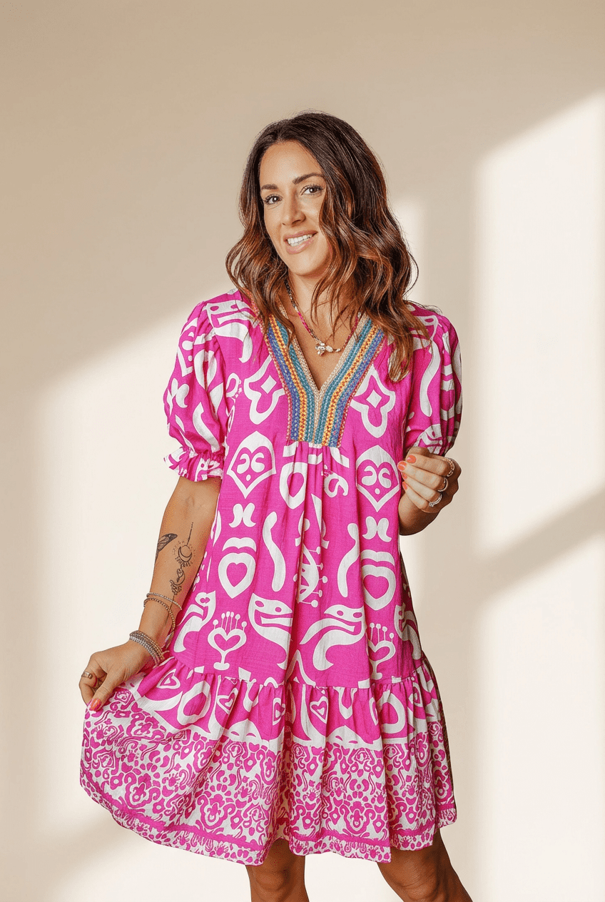 Boho Mixed Print V-Neck Contrast Trim Mini Dress | Zarnesh