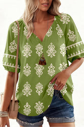 Boho Notched V-Neck Damask print Top | Zarnesh