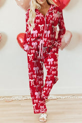 Person wearing a red outfit with pink bows, holding heart-shaped balloons on a light background.