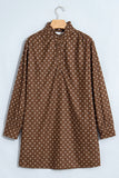Brown polka dot shift dress with ruffle stand collar and button placket, front flat view