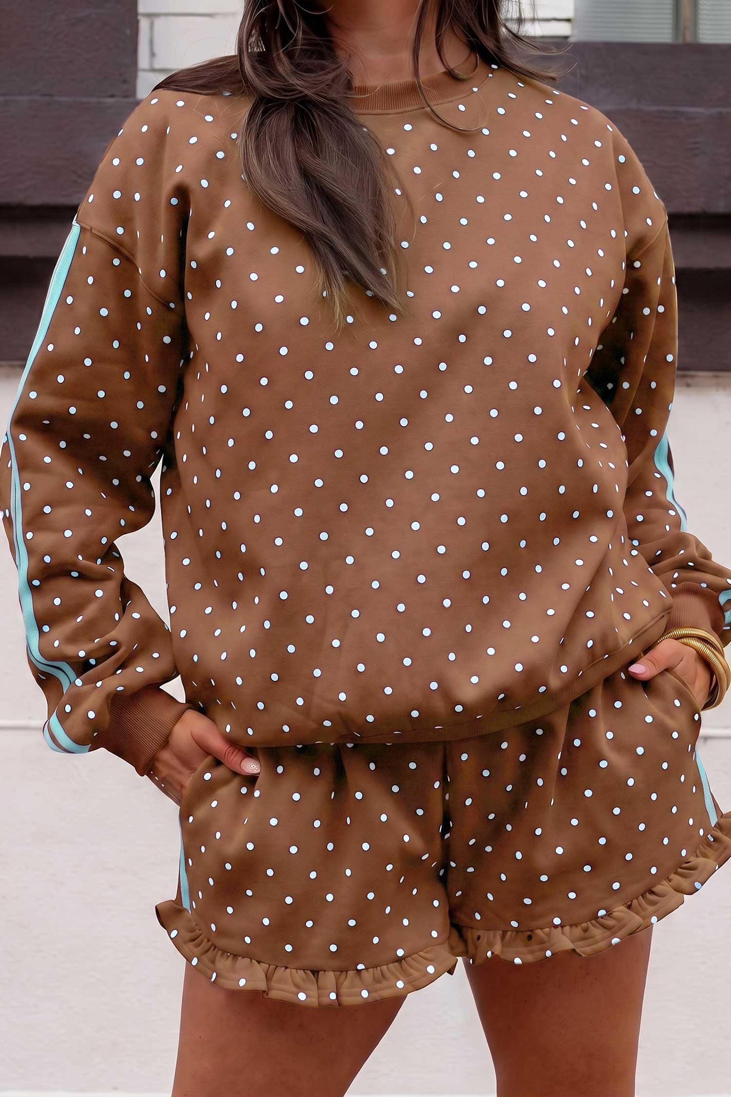 Brown polka dot side stripe sweatshirt and ruffle shorts set, front view on model