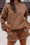 Brown polka dot side stripe sweatshirt and ruffle shorts set, front view on model