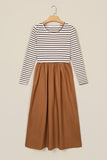 Brown stripe ribbed knit bodice maxi dress on a hanger, front view