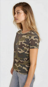 Woman wearing a camouflage t-shirt on a white background