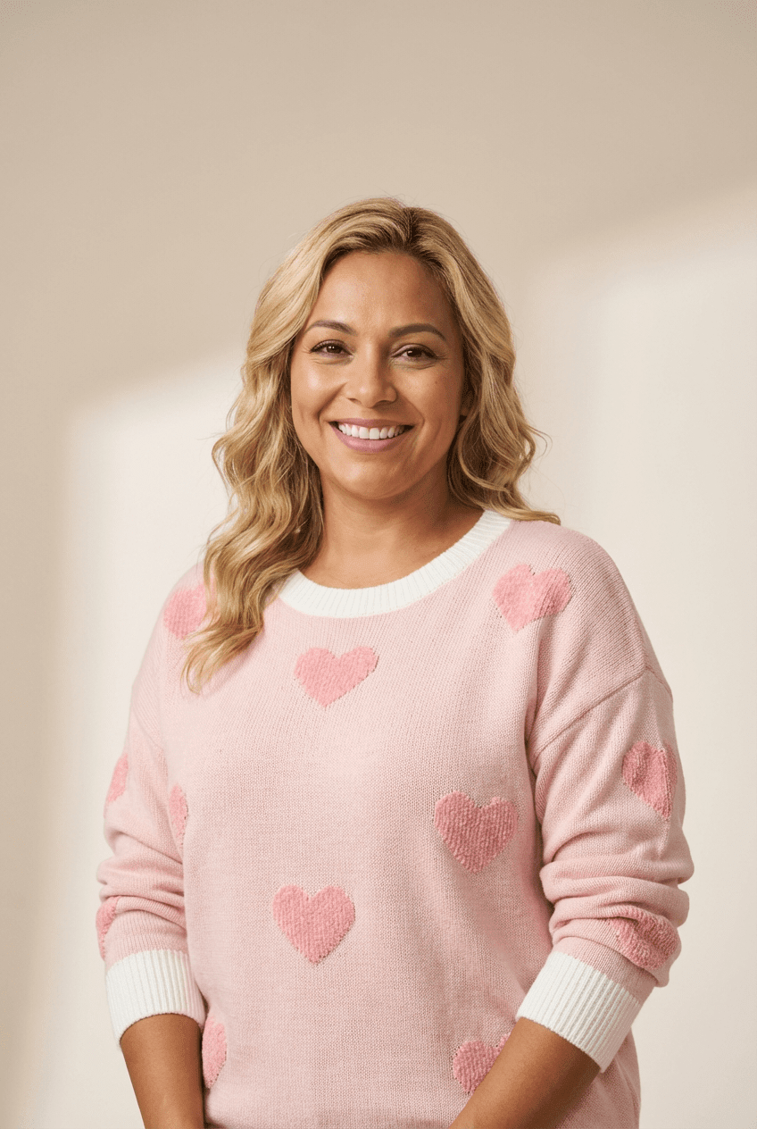 Woman wearing a pink sweater with heart patterns against a plain background
