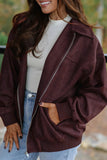 Chicory coffee suede look zip up bomber jacket worn open over a cream top and light jeans