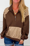 Coffee brown plaid patchwork quarter zip sweatshirt, front view on model