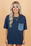 Colorblock Crew Neck Denim Pocket T-Shirt | Zarnesh
