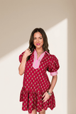 Contrasted Floral V-Neck Bubble Sleeve Mini Dress | Zarnesh