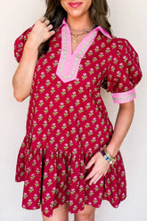 Contrasted Floral V-Neck Bubble Sleeve Mini Dress | Zarnesh