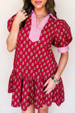 Contrasted Floral V-Neck Bubble Sleeve Mini Dress | Zarnesh