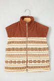 Brown suede-like vest with cream-brown Fair Isle pattern on wooden hanger.