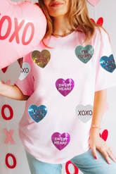 Crew Neck Sequin Heart Relaxed Tee Top | Zarnesh