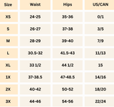 A size chart table showing waist, hips, and US/CAN measurements by size from XS to 3X.