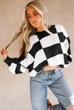 Cropped Checkerboard Bishop Sleeve Knit Sweater | Zarnesh