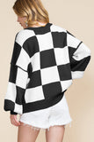 Cropped Checkerboard Bishop Sleeve Knit Sweater | Zarnesh