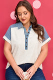 Denim Plus Size Patchwork Cuffed Sleeves Polo Tee | Zarnesh