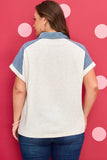 Denim Plus Size Patchwork Cuffed Sleeves Polo Tee | Zarnesh