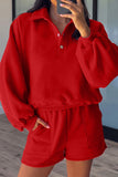 Fiery red half button puff sleeve pullover and shorts 2-piece set, front view