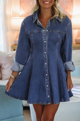 Woman wearing a denim dress in a casual setting