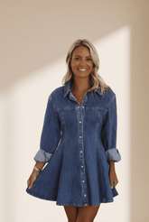 Flared Denim Shirt Collar Mini Dress | Zarnesh
