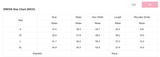 Dress size chart in inches with measurements for bust, waist, hem width, length, and shoulder girdle.