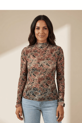Floral Long Sleeve Mesh Mock Neck Top | Zarnesh