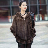 Front Zip Faux Knitted Mink Hooded Poncho | Zarnesh