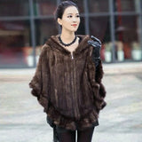 Front Zip Faux Knitted Mink Hooded Poncho | Zarnesh