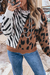 Fuzzy Colorblock Leopard Zebra Print Sweater | Zarnesh - Zarnesh