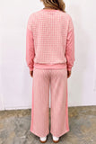 Pink gingham pullover and wide leg pants set, back view