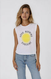 Woman wearing a sleeveless shirt with 'Good Morning Sunshine' graphic on a white background