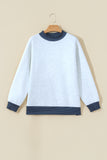Gray sweatshirt with navy polka dot trim on hanger, front view