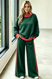 Women's green polka dot trim two piece set with side stripe pants, full length