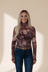 High Neck Ruched Floral Mesh Top | Zarnesh