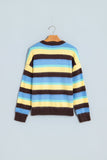 A striped knit sweater with horizontal bands of dark brown, light blue, yellow, and light blue, hanging