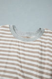Heather gray ribbed round neckline on khaki stripe dress