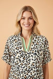Leopard Notched Short Sleeve Blouse Striped Trim | Zarnesh