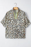 Leopard Notched Short Sleeve Blouse Striped Trim | Zarnesh