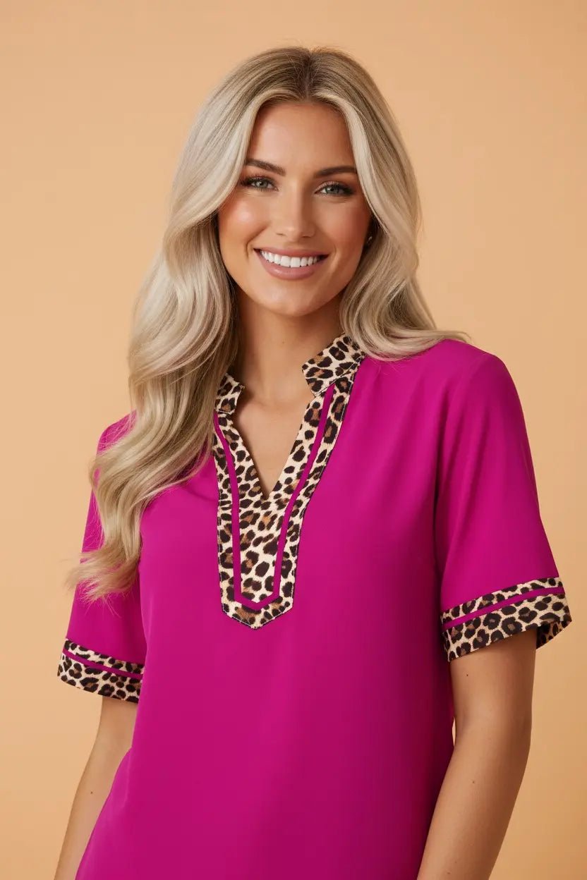 Leopard Patchwork Trim Short Sleeve Blouse | Zarnesh