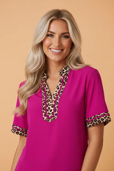Leopard Patchwork Trim Short Sleeve Blouse | Zarnesh