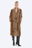 Person wearing a leopard print coat on a white background